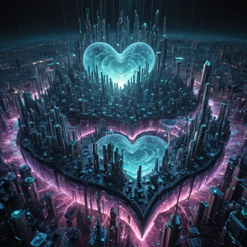 Photorealistic, colossal, crystalline, anemone city, its hyperrealistic, 4K, faceted structures revealing ultra HD, bioluminescent, cybernetic ecosystems within. Volumetric lighting from unseen, pulsating, cybernetic hearts etches the citys ethereal, fractal form, casting intricate, dynamic, bioluminescent shadows on the inverted, reflective void. Cinematic lighting bathes the scene in vibrant, otherworldly hues, with lens flare emphasizing the citys central, radiant, throbbing, crystalline heart, pulsating with captive, artificial, cybernetic energy.