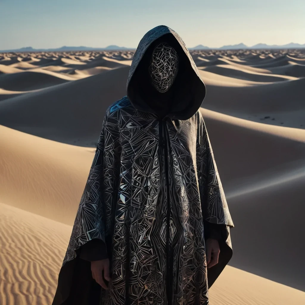 A hyperrealistic, 4K portrait of a sentient, levitating, neonlit holographic kaleidoscope, its ethereal form pulsating with intricate, bioluminescent geometric patterns, set against a surreal, monochromatic landscape of undulating, shadowy dunes, with volumetric lighting casting dramatic shadows and emphasizing the kaleidoscopes dynamic, fluid movements, and a subtle, cool bokeh effect creating a sense of isolation and mystery, as a lone, spectral figure, cloaked in a tattered, hooded robe, stands silently at the edge of the frame, their face obscured by shadows, adding an enigmatic, haunting touch to the otherwise abstract scene.