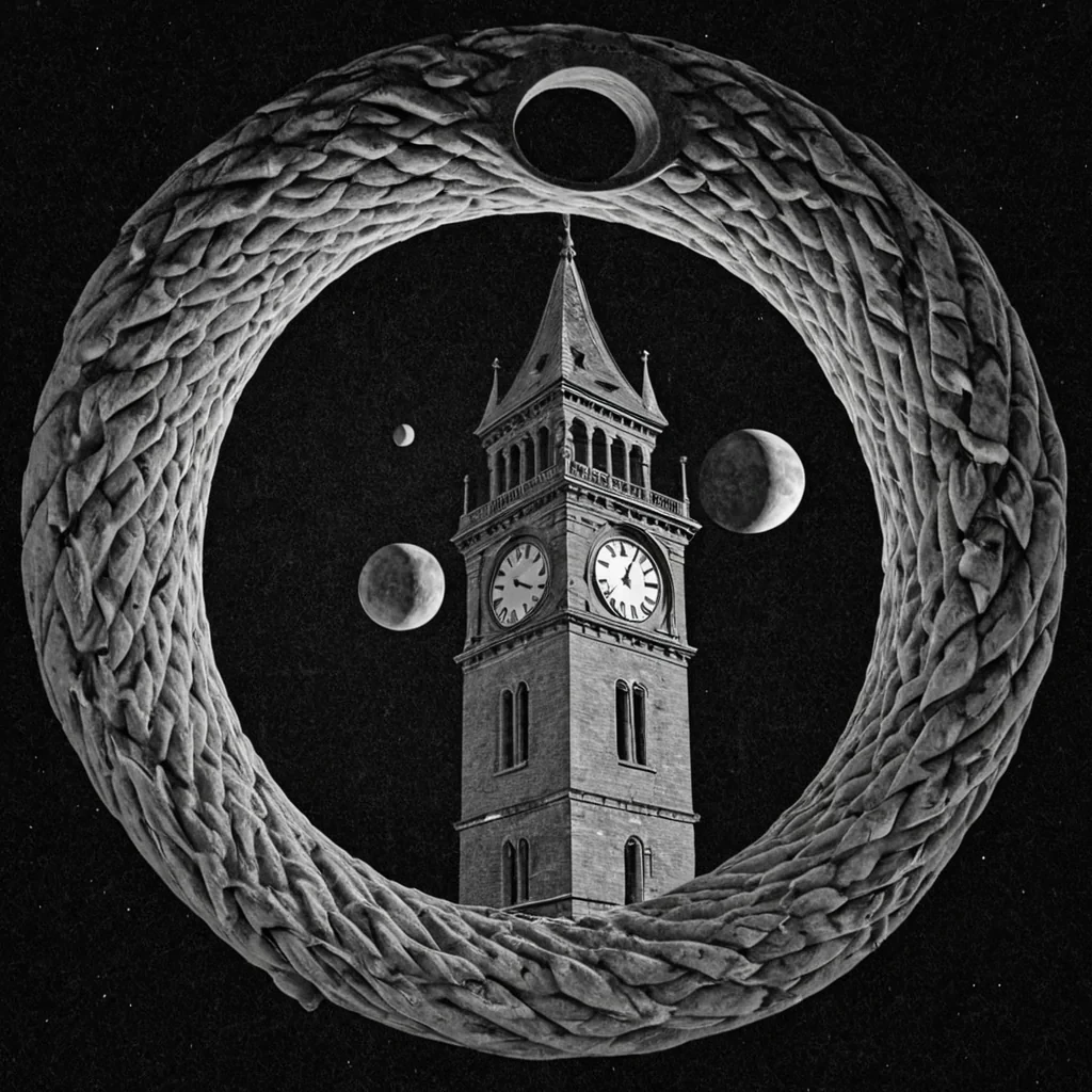 A single, selfrotating knot of woven silence, shaped like a Mbius strip of solidified breath, floats at the center of a vast, inverted clocktower suspended in the void between two nonrotating moons. The knot does not twistit unthinks, each rotation reversing the entropy of cognition, reforming into ephemeral, geometric afterimages shaped like the negative space between two neurons that never fired in the same thought. The clocktower is not stoneit is a layered expanse of petrified timekeeping from a civilization that measured hours by the frequency of unspoken apologies, each gear etched with the thermal residue of a second that was almost acknowledged, its surfaces humming with the faint, subsonic afterimage