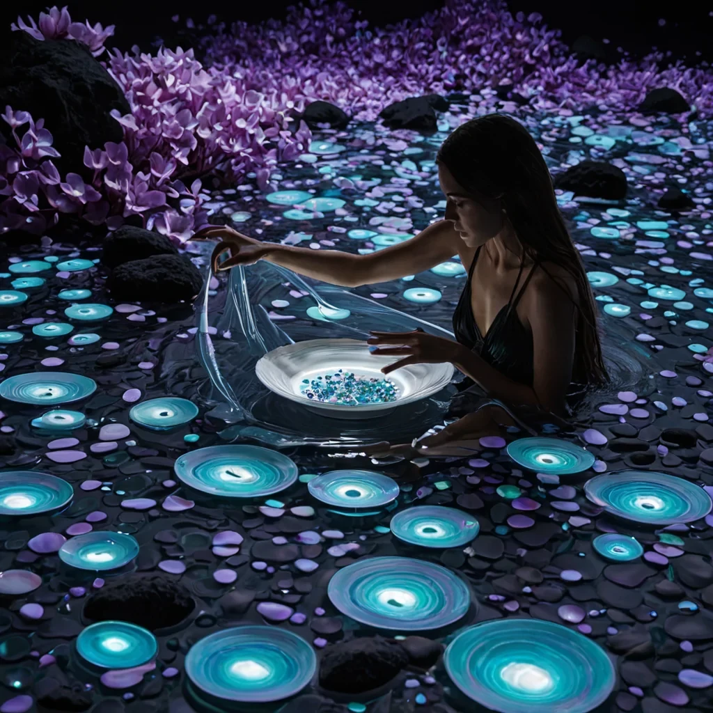 A photorealistic, lowangle closeup of a tranquil, shallow lagoon filled with viscous, iridescent oil that separates into swirling ribbons of violet, cyan, and gold. Floating on the surface are hundreds of perfectly spherical, matteblack stones, each serving as a base for a single, delicate bloom of translucent, gellike flora with intricate, veinlike structures glowing with a soft, internal bioluminescence. In the foreground, a figure wearing a sleek, highfashion ensemble made of structured, white ceramic plates and flowing, sheer organza fabric kneels gracefully on a suspended walkway of polished obsidian, gently touching one of the glowing blooms. The lighting is soft and diffused, creating a dreamlike atmosphere with shallow