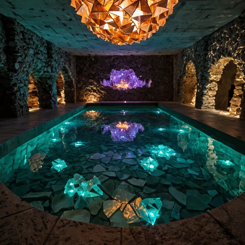 A horizontal, eyelevel medium shot of a tranquil, sunken atrium within a colossal, hollowedout geode, where the floor is a shallow, crystalclear pool of still water reflecting the jagged, iridescent amethyst crystals that line the cavern walls. Floating gently on the waters surface are dozens of perfect, geometric origami cranes folded from thin sheets of hammered copper, each emitting a soft, warm orange glow from a tiny internal light source. Suspended above the pool is a intricate, spherical chandelier constructed entirely from interlocking, translucent shards of sea glass in varying shades of teal and white, held together by delicate strands of silver wire. The lighting is soft and diffuse, filtering through a high, circular skylight