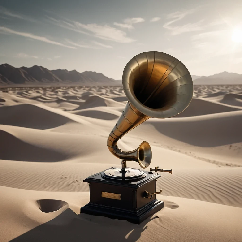 A hyperrealistic, 4K portrait of a whimsical, levitating vintage phonograph, its brass horn emitting ethereal, otherworldly melodies, set against a surreal, monochromatic landscape of undulating, shadowy dunes, with cinematic lighting casting dramatic shadows and emphasizing the intricate, art deco design, and a subtle, cool bokeh effect creating a sense of isolation and enchantment.