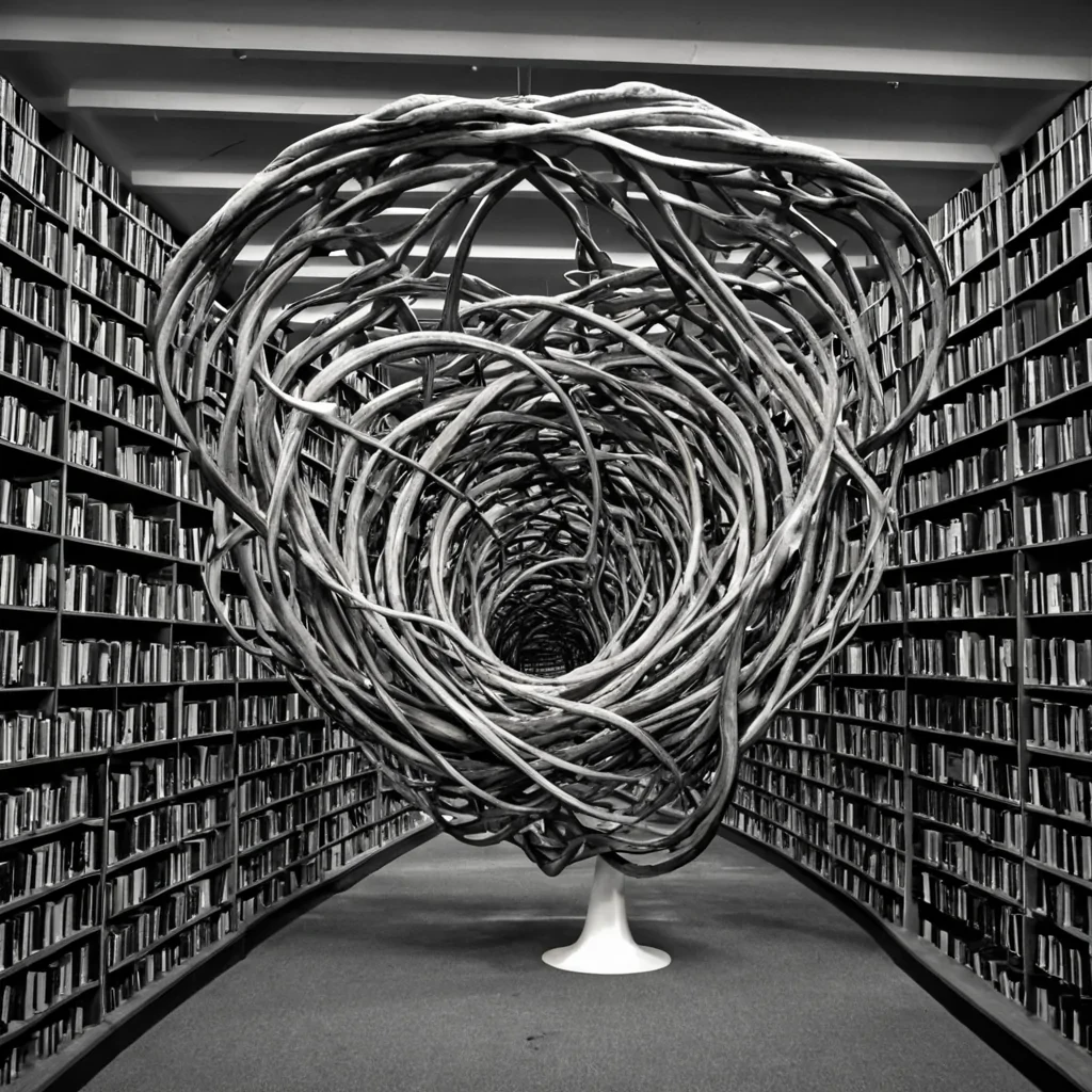 A single, selfrewriting knot of solidified silence, shaped like a hyperbolic tangle of reversed linguistic entropy, pulses at the center of a vast, inverted library built from the compressed, unspoken questions of a civilization that communicated through the duration of synchronized, silent hesitation. The knot does not unravelit unasks, each twist dissolving a layer of inquiry that never coalesced into a complete sentence, reforming into ephemeral, silverveined afterimages shaped like the negative space between two fingers that never pointed to the same word. The library is not archivalit is a layered expanse of petrified curiosity, each shelf etched with the syntactic residue of a question that was almost formed, its aisles