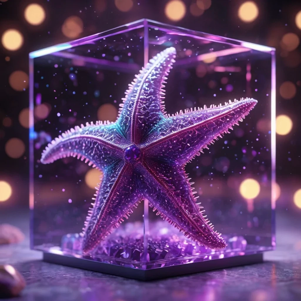 Hyperrealistic neon starfish with reflective metallic spines dancing in a cubic amethyst chamber filled with shimmering quantum haze, holographic filaments weaving in dynamic lighting, bokeh effect, pastel tones, 4K
