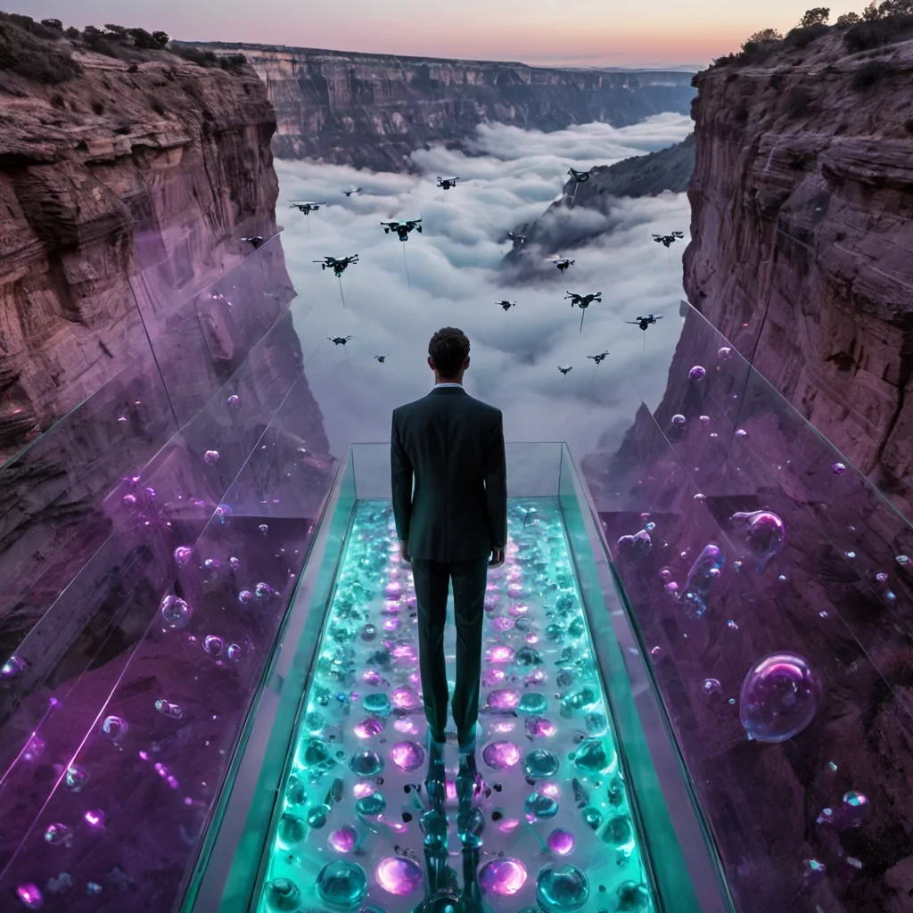 A hyperrealistic, eyelevel medium shot of a solitary figure standing on the edge of a massive, transparent glass walkway that spans a deep, vertical canyon filled with swirling, iridescent gas clouds in shades of soft lavender and mint green. The figure wears a sleek, formfitting suit made of matte black material embedded with tiny, pulsating fiberoptic threads that glow in a rhythmic sequence of cyan and magenta. Floating around the figure are dozens of small, spherical drones made of polished chrome, each reflecting the colorful gas below like tiny mirrors. The background reveals a distant cityscape built into the cliff walls, constructed from layered sheets of translucent, amberhued resin that glow with a warm, internal light. The scene is