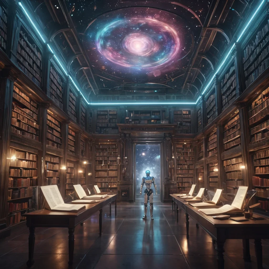 A sentient, metallic library drifting through the cosmos, its walls lined with glowing, holographic manuscripts, while a lone, robotic librarian tends to the celestial tomes, hyperrealistic, 4K, cinematic lighting, volumetric lighting, atmospheric effects, soft focus, pastel tones, detailed textures.