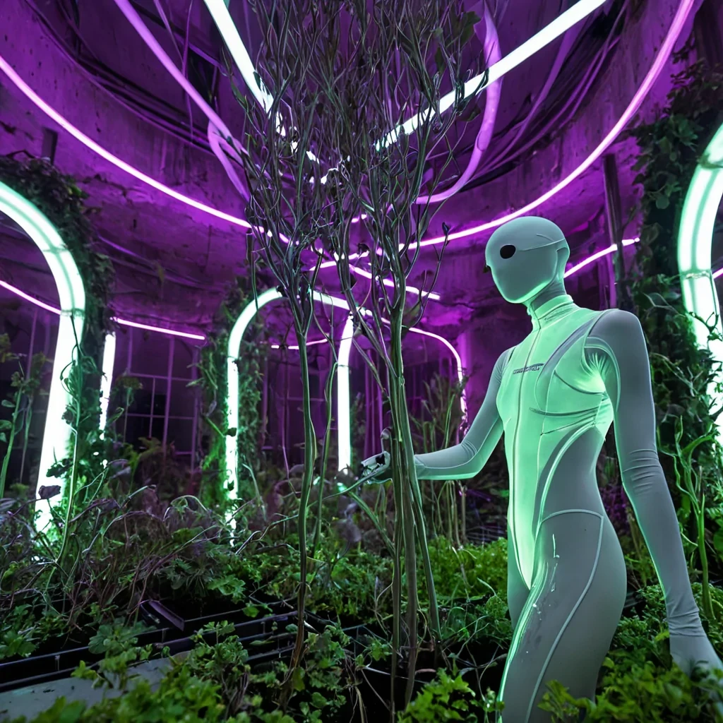 A vertical, eyelevel medium shot of a subterranean hydroponic atrium constructed from arched, translucent polycarbonate ribs and reinforced concrete, illuminated by the soft, diffused glow of suspended, elongated tubes of bioluminescent algae in varying shades of electric green and pale cyan. The air is thick with humidity, creating a soft focus effect on the background, while the foreground features a nutrient engineer with warm, honeytoned skin and wearing a utility vest made of waterproof, mattegrey canvas over a sleek, white synthetic bodysuit. They are gently pruning a massive, floating cluster of deeppurple, leafless tuberous plants that pulse with a rhythmic, internal light, using a pair of slender, lasercalibrated