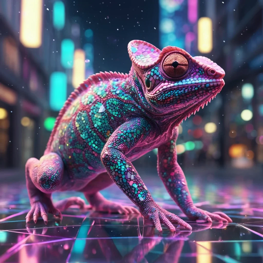 Hyperrealistic neon chameleon with iridescent skin, blending into a floating, geometric mosaic of reflective, swirling pastel pentagons, dynamic lighting with volumetric beams, soft focus on its delicate, luminescent body, vibrant colors, 4K resolution, lens flare dancing around its ethereal form in a surreal, futuristic urban landscape.