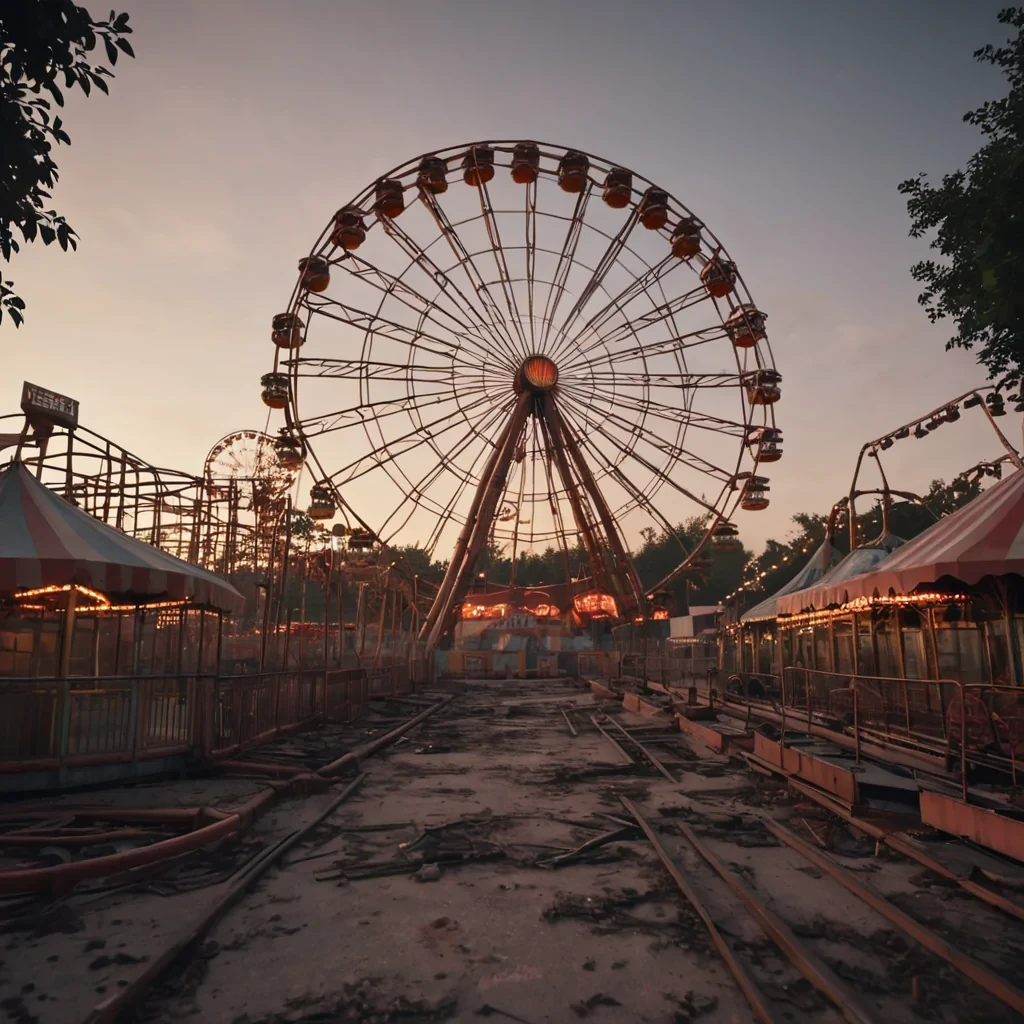 A vast, abandoned amusement park at dusk, where the Ferris wheel and roller coasters stand silent and rusted, hyperrealistic, 4K, cinematic lighting, volumetric lighting, atmospheric effects, dynamic lighting, bokeh effect, soft focus, lens flare, faded reds, rusted oranges, and muted grays, detailed textures.