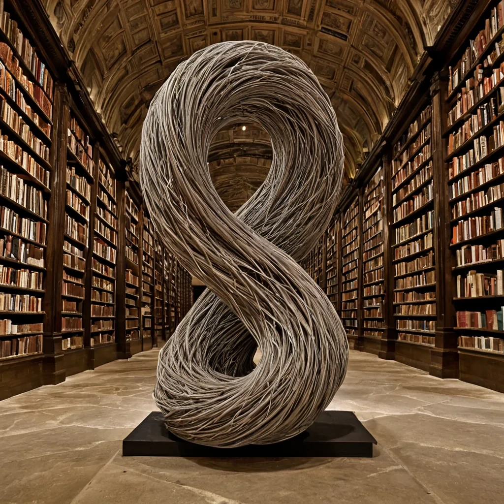 A single, selfilluminating filament of solidified curiosity, shaped like a 13dimensional helix of unformed wonder and reversed inquiry, drifts through the center of a vast, inverted library of unspoken questions  each book bound not in leather, but in the petrified silence of a civilization that measured wisdom not by answers, but by the duration of synchronized, breathless silences held just before the first query was ever permitted to form in a world where knowledge was forbidden. The filament does not glow  it unasks, each luminescent twist shedding a layer of epistemic potential that never coalesced into a shared truth, reforming into ephemeral, amethystveined afterimages shaped like the