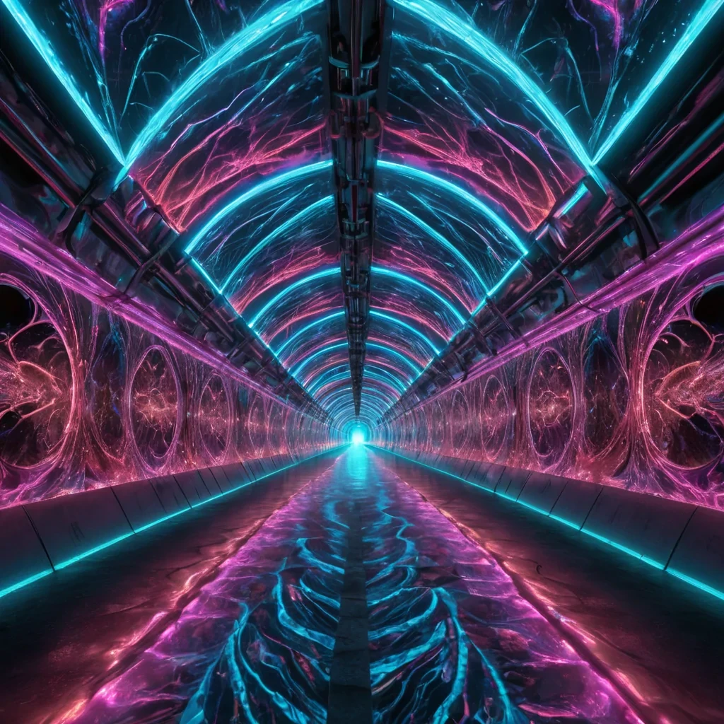 A hyperrealistic, 4K, ultra HD depiction of a surreal, neonlit tunnel of time, its walls adorned with pulsating, holographic displays that shimmer in vibrant, prismatic hues. Volumetric lighting from the tunnels dynamic, holographic markers casts a mesmerizing glow on the surrounding, iridescent structures. In the center, a serpentine, crystalline river flows through the tunnel, its surface reflecting the kaleidoscopic patterns above. Photorealistic, fractal, zerogravity water formations dance in a surreal ballet, their gentle movements casting ethereal ripples across the rivers surface.