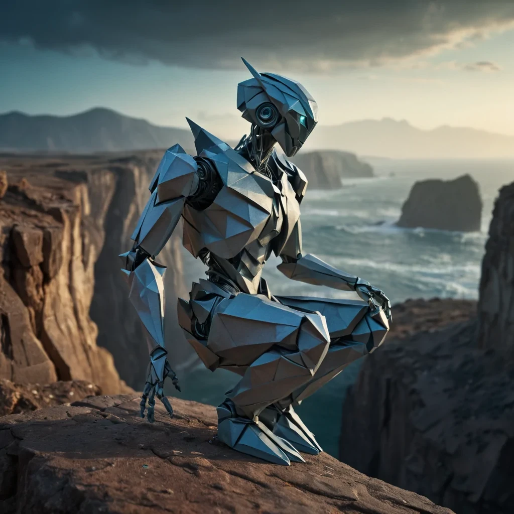 A hyperrealistic, 4K portrait of a lone, sentient origami robot perched on the edge of a crumbling, ancient cliff, overlooking a vast, alien landscape of undulating, iridescent crystals and swirling, bioluminescent mists, with cinematic lighting casting dramatic shadows and emphasizing its intricate, paperthin form, and a subtle, warm bokeh effect creating a sense of isolation and wonder.