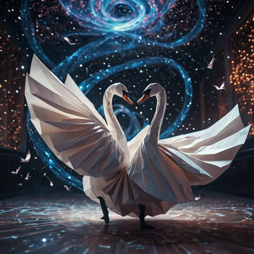 A hyperrealistic, 4K portrait of a sentient, levitating origami swan gracefully dancing with a spectral, ethereal partner in a zerogravity, bioluminescent ballroom, surrounded by a swirling, kaleidoscopic vortex of stardust and cosmic energy, with cinematic lighting casting dramatic shadows and emphasizing the intricate, paperthin forms, and a subtle, warm bokeh effect creating a sense of otherworldly enchantment.