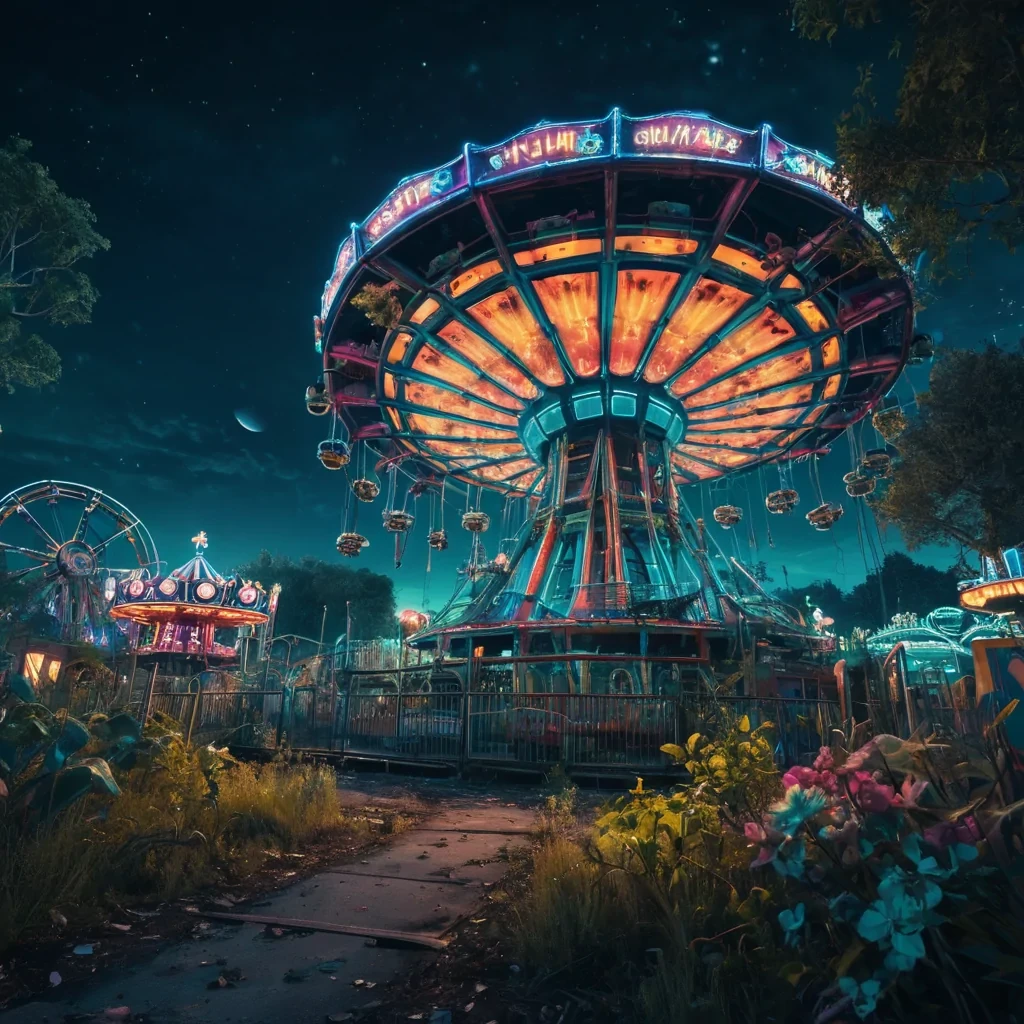 A vast, abandoned amusement park on a distant alien world, the rides and attractions overgrown with luminescent, bioluminescent flora, under a twinmoonlit sky, hyperrealistic, ultra HD, cinematic lighting, volumetric lighting, atmospheric effects, bokeh effect, lens flare, vibrant colors, detailed textures.