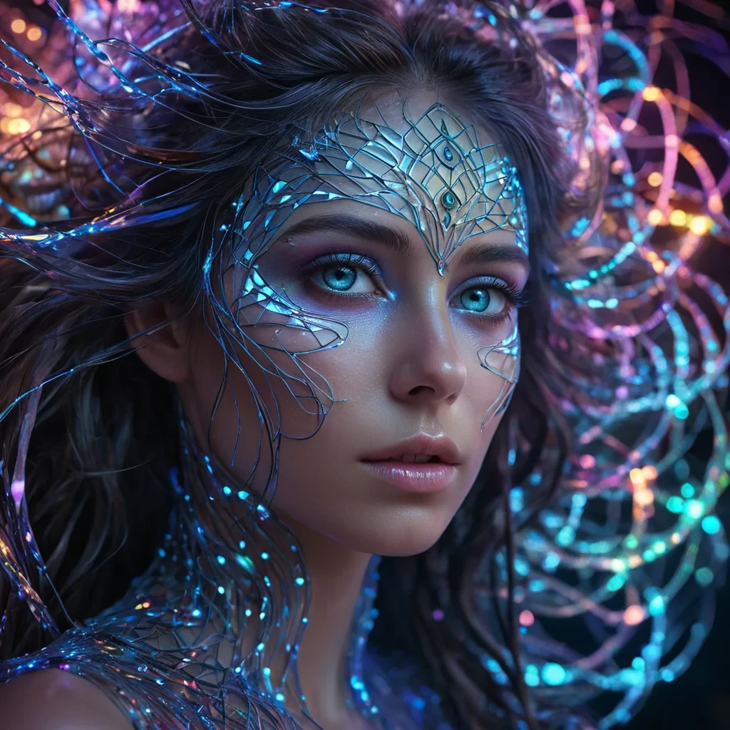 A hyperrealistic, 4K, ultra HD portrait of a quantum dreamweaver, her iridescent skin shimmering with the colors of a vibrant, neondrenched dreamscape at night. The dreamweavers eyes, a deep, enigmatic sapphire, hold the secrets of a thousand slumbering minds. Her hair, a cascade of shimmering, holographic fractals, gently pulses with each beat of her ethereal heart. The background is a surreal, hightech dream laboratory filled with floating, selfassembling labyrinths and the soft glow of thoughtprojectors. Cinematic lighting accentuates the dreamweavers otherworldly beauty, while a subtle bokeh effect blurs the neonlit subconscious, creating an