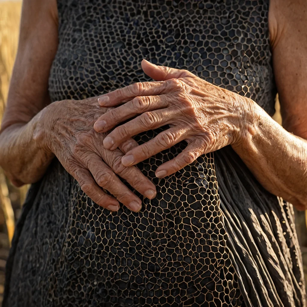 A cinematic, medium closeup of an elderly womans hands gently cradling a smooth, matte black, ovoid stone with a rough, pitted texture, resembling a piece of cooled volcanic lava. She is wearing a sleeveless, avantgarde garment made of layered, rigid, translucent sheets of ambercolored resin that mimic the crosssection of a beehive, but with no honey or bees, only the geometric honeycomb structure. The background is a blurred, expansive field of tall, slender, silverwhite reeds swaying in a gentle breeze, backlit by a low, warm sun that casts long, soft shadows. The lighting is soft and golden, emphasizing the delicate details of the hands and the intricate texture of the resin garment