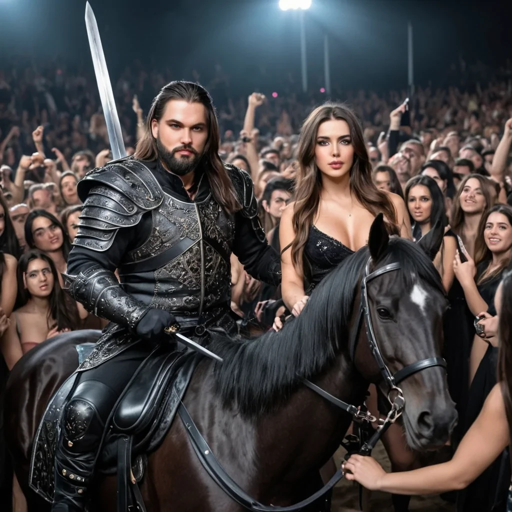 A modern handsome evil king has gotten chubby and grown a little beard with a sword in his hand dressed very nice with beautifully dressed beautiful brunette women with long hair in a edm crowd on a black horse