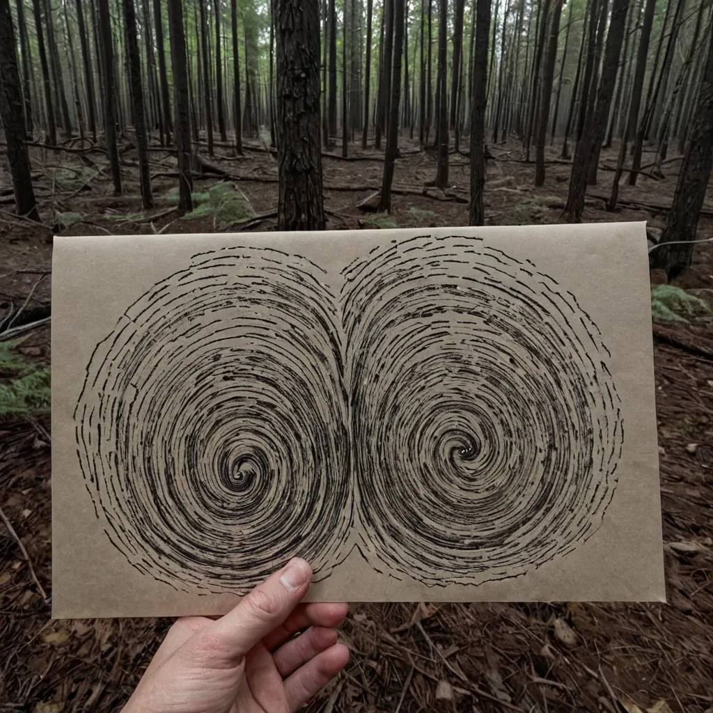 A single, selfoscillating filament of solidified aurora weaves through the center of a vast, still forest composed entirely of petrified whispers from a civilization that communicated through the scent of unopened letters. The filament does not glowit breathes, expanding and contracting with the rhythm of a heartbeat that never existed, each pulse forming a slow, spiraling helix shaped like the negative space between two fingers that never touched a sealed envelope. The forest is not woodit is a layered expanse of frozen air currents, each tree etched with the emotional residue of a message that was never sent, its bark shimmering with the ghostly outline of a hand holding a pen that never wrote. The ground is not soil