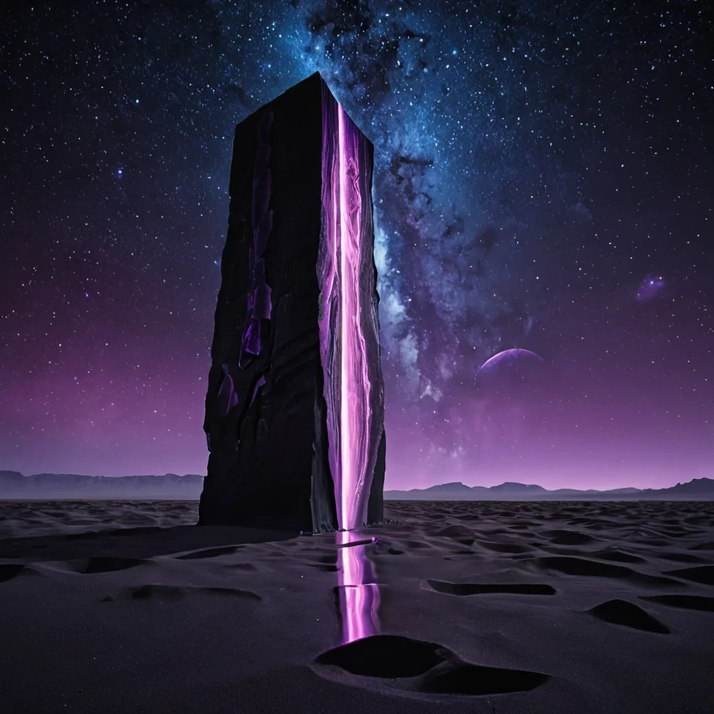 A photorealistic, lowangle wide shot of a colossal, suspended monolith carved from a single block of translucent, deepred amethyst, hovering silently over a vast, arid plain of black sand dunes. The amethyst interior is not solid but contains a frozen, swirling nebula of violet and gold gas, illuminated by a soft, internal glow that pulses rhythmically. Surrounding the monolith is a ring of twelve massive, floating obsidian slabs, each acting as a perfect vertical mirror reflecting the starry night sky above, creating an infinite loop of celestial imagery. At the base, a solitary figure in a sleek, matteblack exosuit with glowing blue neural interface nodes stands still, their reflection distorted in the pool of