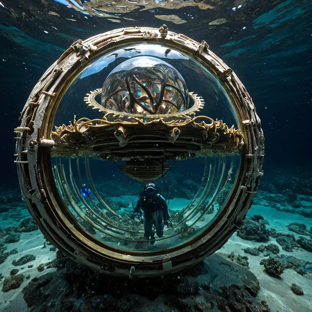 A highangle, fisheye lens shot of a submerged, spherical sanctuary located at the bottom of a deep, bioluminescent ocean trench, constructed from intricate, woven strands of translucent abalone shell and polished pearl. The interior is a spiral gallery filled with suspended, weightless globes of liquid gold that slowly orbit a central, rotating armillary sphere made of dark, weathered driftwood and brass gears. A solitary diver, encased in a sleek, white ceramic exosuit with glowing sapphire visor, floats vertically in the center, trailing a long, ribbonlike tether made of iridescent silk that ripples in the slow underwater current. The lighting is dominated by the cool, azure glow of the surrounding water and the