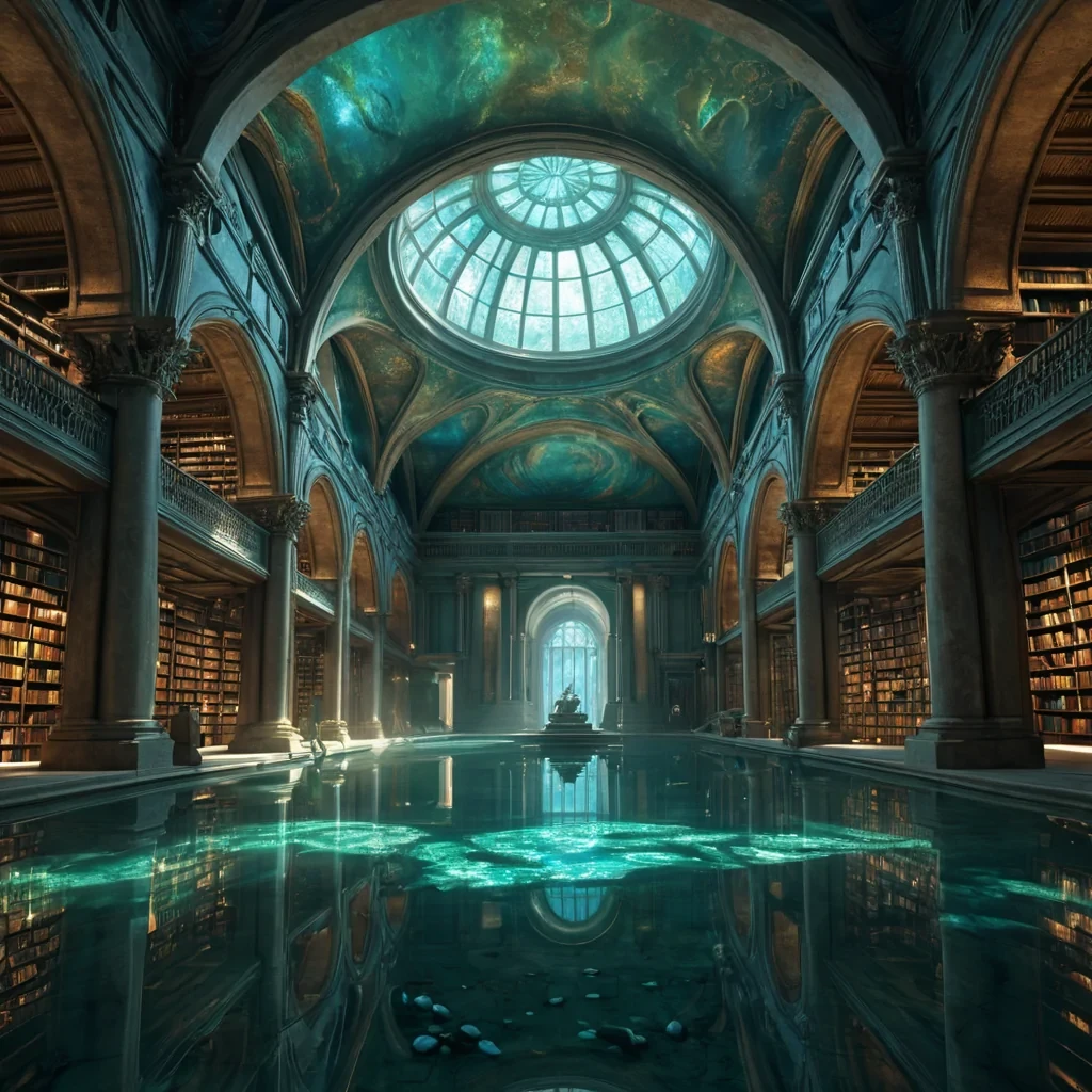 A hyperrealistic, 4K, ultra HD, photorealistic depiction of an ancient, submerged library, its grand, arched corridors and domed ceilings encrusted with luminescent, iridescent shells and corals. Volumetric lighting from a distant, pulsating, bioluminescent source etches the librarys intricate, geometric architecture, casting mesmerizing, prismatic shadows on the inverted, reflective surfaces of the water. Cinematic lighting bathes the scene in a symphony of ethereal blues and greens, with lens flare emphasizing the librarys central, radiant, crystalline fountain, pulsating with captive, alien, aquatic energy. Photorealistic, fractal, aquatic formations unfurl ultra HD, zero