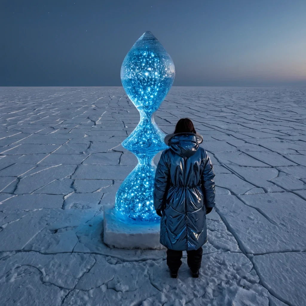 A horizontal, eyelevel wide shot of a vast, arctic tundra where the ground is composed entirely of smooth, white ceramic tiles arranged in a precise, expanding spiral pattern that recedes into the horizon. In the center of this geometric landscape stands a massive, translucent ice sculpture shaped like a frozen hourglass, but instead of sand, it contains millions of tiny, glowing blue fireflies that pulse with a rhythmic, bioluminescent light. The sky above is a deep, starry indigo, reflecting sharply on the glossy surface of the tiles. In the foreground, a figure wearing a bulky, futuristic parka made of quilted, metallic silver fabric with a high collar stands holding a long, slender staff topped with a rotating,
