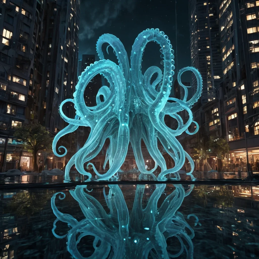 Photorealistic, gargantuan, crystalline, cephalopod metropolis, its hyperrealistic, 4K, reflective tendrils intertwining ultra HD, bioluminescent, underwater ecosystems. Volumetric lighting from unseen, pulsating, bioluminescent hearts etches the citys ethereal, geometric architecture, casting intricate, dynamic, bioluminescent shadows on the inverted, reflective void. Cinematic lighting bathes the scene in vibrant, otherworldly hues, with lens flare emphasizing the citys central, radiant, throbbing, crystalline heart, pulsating with captive, artificial, bioluminescent energy.