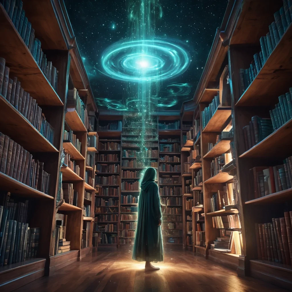 An ethereal, levitating library, its towering, translucent shelves filled with pulsating, bioluminescent books. Suspended in a void of swirling, stardust galaxies, a lone, cloaked figure hovers, engrossed in a tome that emits iridescent, rippling waves. Ultra HD, cinematic volumetric lighting, atmospheric lens flare, vibrant cosmic colors.