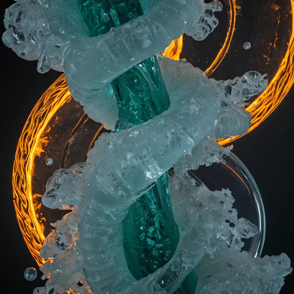 A vertical, closeup shot of a suspended, rigid column of translucent, pale blue ice, frozen in the shape of a complex, twisted double helix, floating in a vacuumlike void. The ice is not solid but appears porous, filled with millions of tiny, suspended bubbles that glow with a soft, warm amber light, resembling a captured nebula of embers. Wrapped tightly around the central axis of the helix is a single, continuous strand of ultrathin, flexible optical fiber cable, glowing with a pulsating, electric green signal that travels upward through the structure. The background is a deep, matte black, emphasizing the luminosity of the internal glow and the clarity of the ice. The lighting is internal and diffuse, creating a