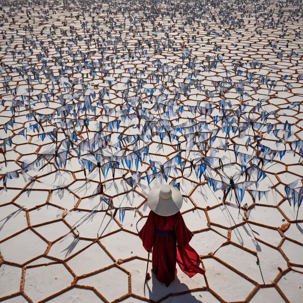 A horizontal, eyelevel wide shot of a vast, arid salt flat at high noon, where the ground is a seamless, blindingly white crust of hexagonal salt crystals that reflect the intense sunlight like a mirror. Floating above this surface is a intricate network of floating, rusted iron scaffolding that forms a labyrinthine maze in midair, devoid of any connection to the ground. The scaffolding supports hundreds of suspended, translucent glass kites shaped like delicate dragonflies, each wing painted with intricate, shifting patterns of deep crimson and electric blue ink that bleed into one another. In the foreground, a figure wearing a flowing, offwhite silk robe with wide, windcatching sleeves and a widebrimmed hat made of woven straw stands