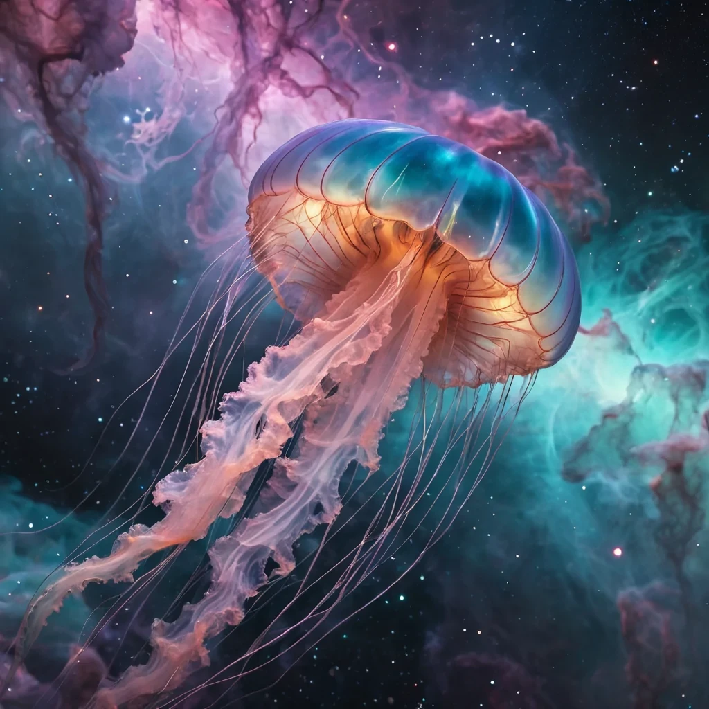 Nebula Nectar A levitating, iridescent jellyfish, the size of a skyscraper, drifts through the hyperrealistic, Ultra HD expanse of a nebula. Its bioluminescent tendrils cast a vibrant, pastel glow across the cosmic landscape, illuminating the dynamic, cinematic lighting of distant galaxies. The jellyfishs transparent, detailed texture reveals the swirling, volumetric nebula beneath, while the Bokeh effect from its pulsating light creates a soft, ethereal focus.
