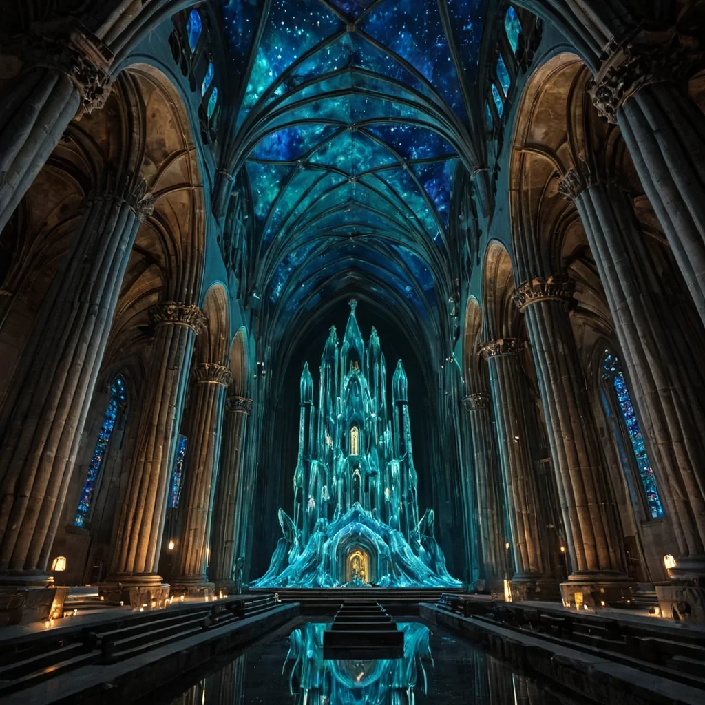 A vertical, lowangle wide shot of a colossal, inverted cathedral suspended beneath the surface of a turbulent, deepsea trench, where the water is thick with swirling bioluminescent plankton that create a starry, underwater night sky effect. The architecture is constructed from translucent, ribbed corallike stone in hues of pale blue and white, with arches that curve upward toward the dark surface far above. Stained glass windows made of layered, colored quartz filter the faint sunlight from above, casting ethereal, multicolored beams that pierce the murky depths. In the center, a massive, glowing altar shaped like a crystalline flower blooms with soft, radiant light, surrounded by rows of floating, translucent pods containing sleeping, humanoid figures