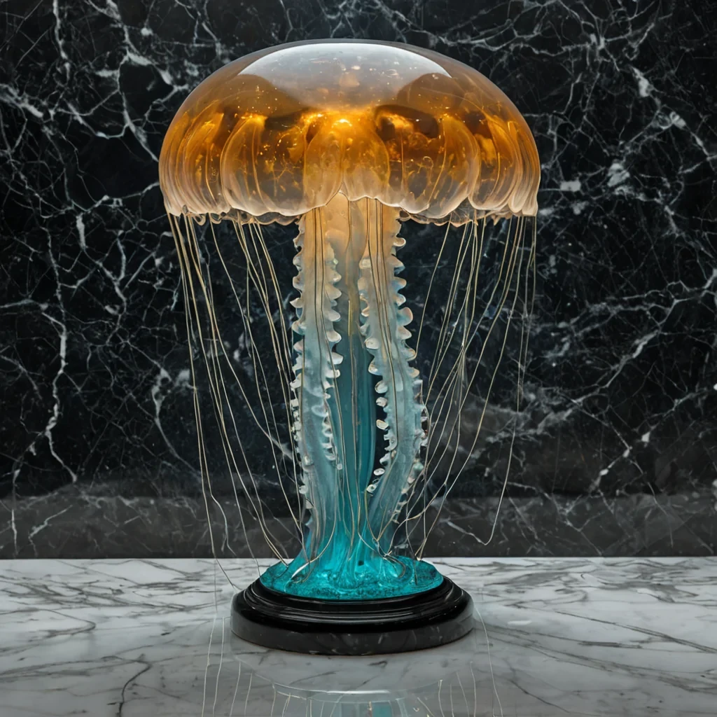 A highresolution, studiolit photograph of a single, massive, translucent jellyfish bell resting on a pedestal of polished, matte white marble. The jellyfish is not aquatic but architectural, its bell composed of intricate, interlocking panels of frosted smartglass that emit a soft, pulsing rhythm of warm amber and cool cyan light. Instead of tentacles, the base of the bell extends into a complex network of delicate, metallic filaments resembling circuit board traces, which spread out across the marble surface in a fractal pattern, each terminus ending in a tiny, suspended drop of liquid gold. The background is a seamless, gradient wash of deep charcoal to midnight blue, with subtle, floating dust motes illuminated by the jellyfishs