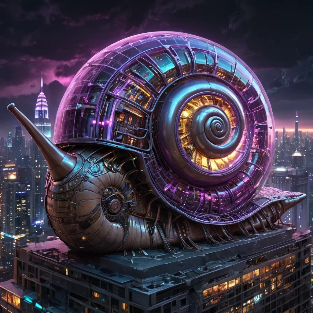 A colossal, ancient, mechanical snail, its metallic shell adorned with intricate, pulsating neon circuits, inches through a stormy, amethyst nebula. Within its transparent, bioluminescent body, a labyrinthine, neonlit cityscape sprawls, its towering, glass spires casting ephemeral shadows on the citys sentient, robotic inhabitants. Rendered in ultra HD, with dynamic lighting, atmospheric effects, and vibrant colors, evoking a sense of surreal, otherworldly wonder at this celestial, mechanical marvel.
