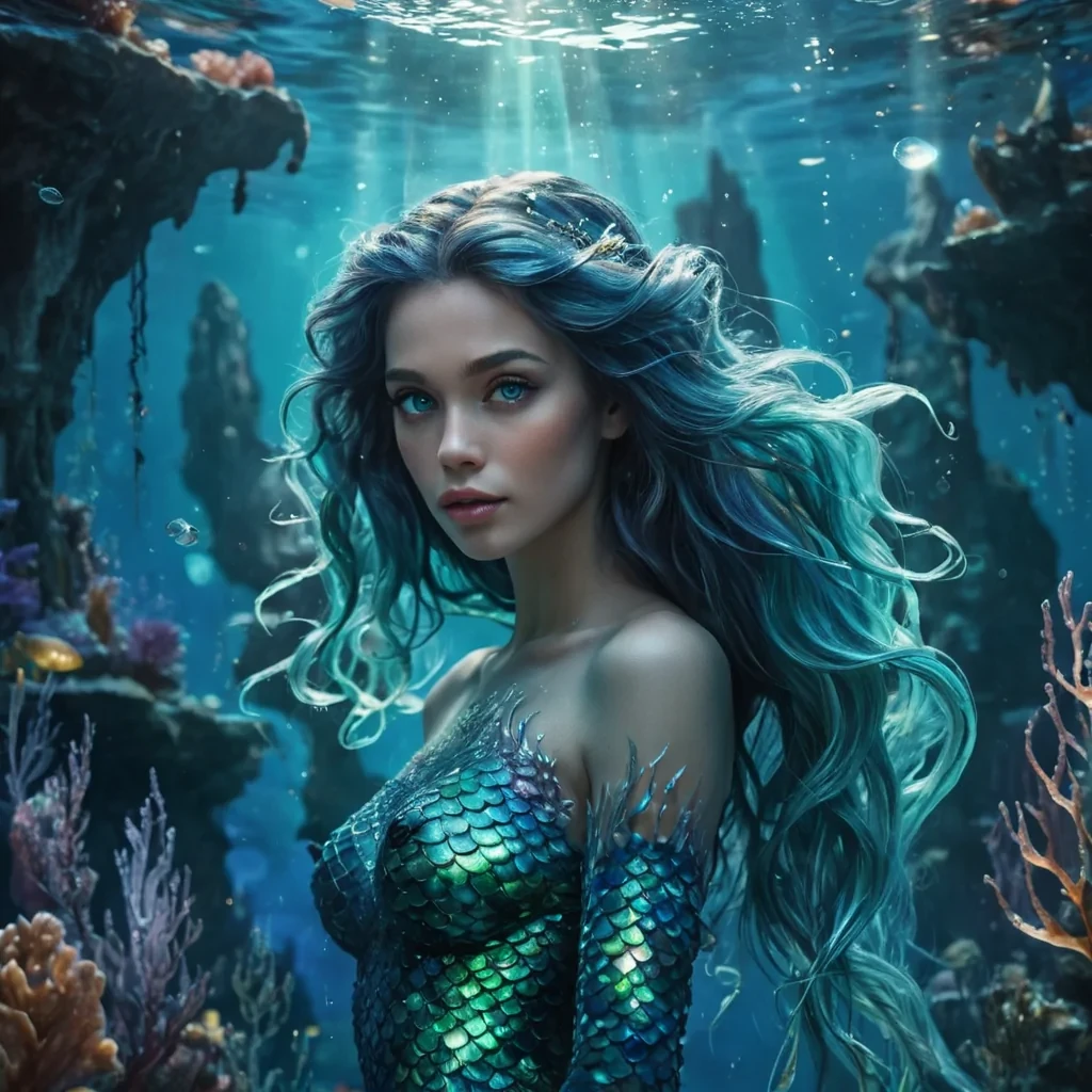 A hyperrealistic, 4K, ultra HD portrait of an aquatic mermaid, her iridescent scales shimmering with the colors of the oceans depths. The mermaids eyes, a deep, mysterious blue, hold the secrets of the seas ancient wisdom. Her hair, a cascade of shimmering, bioluminescent seaweed, gently sways with each movement of her ethereal form. The background is a surreal, underwater cityscape of crystalline spires and floating islands, with distant merfolk and exotic sea creatures casting a soft, ethereal glow. Cinematic lighting accentuates the mermaids otherworldly beauty, while a subtle bokeh effect blurs the enchanting underwater realm, creating an intimate,