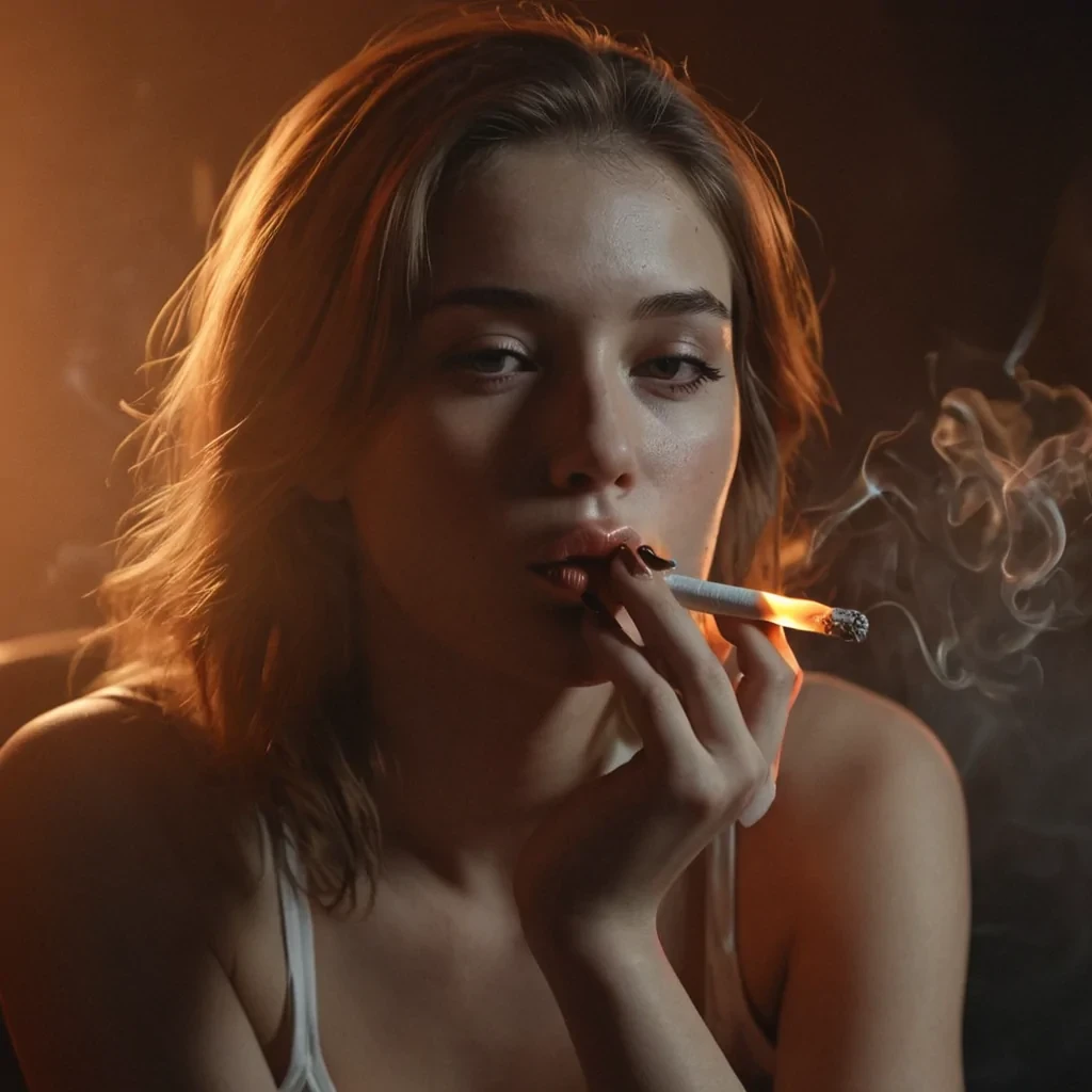 A realistic young woman sitting casually. She raises a cigarette to her lips, inhales, and the cigarette tip glows bright orange. She exhales slowly, a stream of smoke flowing from her lips. realistic cinematic lighting  slow, natural movement  high detail face and hands