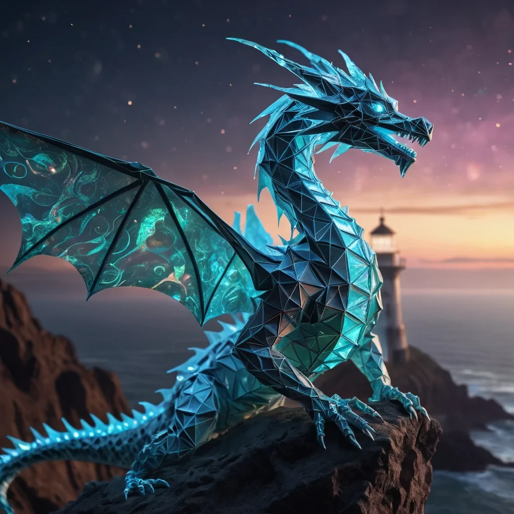 Photorealistic, Ultra HD portrait of a lone, sentient, neonlit holographic origami dragon, its ethereal form pulsating with intricate, bioluminescent fractal patterns, perched atop a crumbling, ancient lighthouse, overlooking a vast, alien landscape of undulating, iridescent crystals and swirling, bioluminescent mists, with cinematic lighting casting dramatic shadows and emphasizing its intricate, paperthin form, and a subtle, warm bokeh effect creating a sense of isolation and wonder.