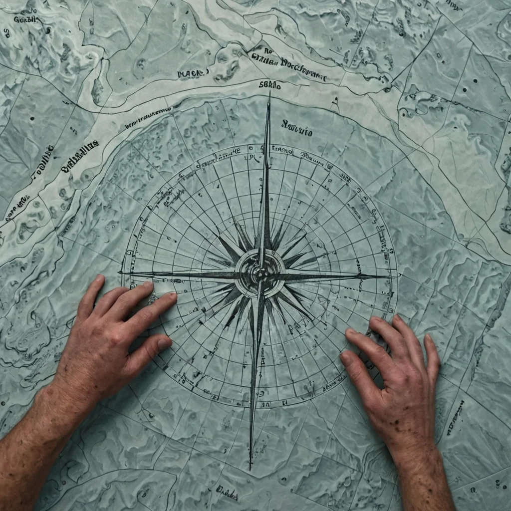 A single, selferoding archipelago of inverted cartography, shaped like a 237dimensional mosaic of unformed geography and reversed navigation, drifts at the center of a vast, inverted ocean of solidified directionlessnesseach atoll forged from the exact moment between a compass needle spinning and its refusal to point, a map being drawn and its sudden dissolution into blank parchment, a coastline forming and its unraveling into featureless, undulating mist. The archipelago does not chartit uncharts, each crumbling isle shedding a layer of spatial intent that never coalesced into a shared journey, reforming into ephemeral, malachitethreaded afterimages shaped like the negative space between two hands that never held