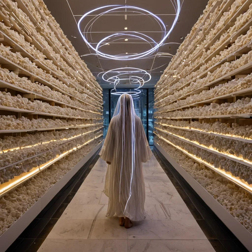 A horizontal, eyelevel medium shot of a colossal, floating archive constructed from interlocking, translucent modules of spun sugar and frosted glass, suspended within a dense, swirling vortex of golden pollen. The architecture features no traditional shelves instead, information is stored in thousands of vertically stacked, rotating prisms of cut quartz, each refracting ambient light into shifting spectra of violet and amber. In the foreground, a figure with skin composed of smooth, white porcelain tiles wears a long, flowing robe of woven fiberoptic cables that glow with a soft, warm amber light, their face obscured by a minimalist, black lacquered visor. They stand on a narrow, glassbottomed walkway, observing the intricate dance of light and memory within the