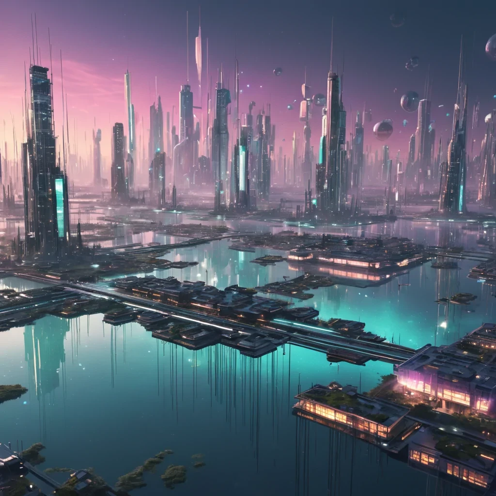 A levitating, futuristic metropolis suspended over a vast, neonlit marsh, with buildings constructed from iridescent, translucent materials that emit a soft glow, hyperrealistic, Ultra HD, cinematic lighting, volumetric lighting, atmospheric effects, dynamic lighting, bokeh effect, pastel tones, detailed textures.