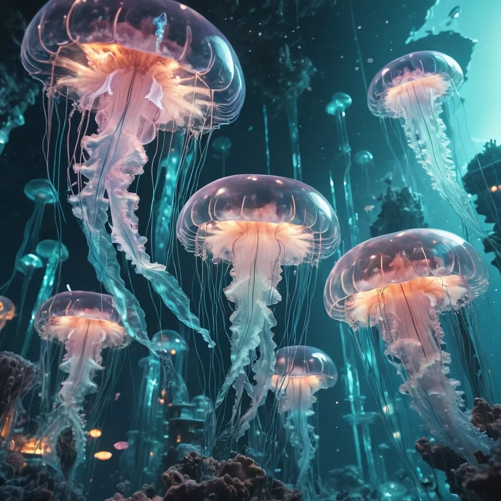 A surreal underwater city where bioluminescent jellyfish float through crystal structures, hyperrealistic, ultra HD, cinematic lighting, volumetric lighting, atmospheric effects, dynamic lighting, soft focus, lens flare, pastel tones, detailed textures.