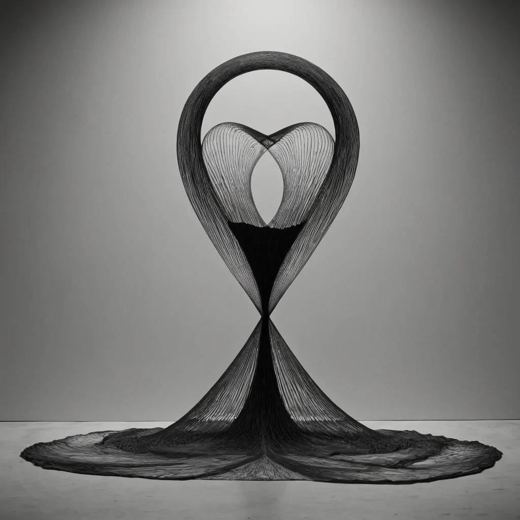 A single, pulsating knot of woven silence and solidified wind hangs suspended in the center of a vast, still void shaped like a perfect, inverted hourglass, its surface not smooth but textured with the faint, ghostly imprints of every breath ever held in anticipation. The knot does not unravelit contracts and expands in time with the slow, rhythmic pulse of a heartbeat that never was, emitting ripples that travel not through air, but through the fabric of unspoken choices, each ripple forming the shape of a door that was never opened. The void itself is not emptyit is filled with a dense, viscous light that refracts not colors, but emotions, rendering each shadow as a slowmoving sculpture of regret, curiosity, or