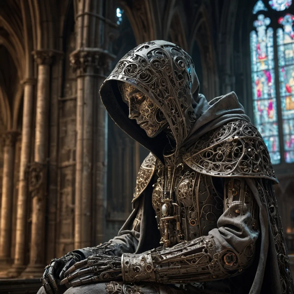 Photorealistic, Ultra HD portrait of a melancholic, sentient automaton, its metallic body adorned with intricate, tarnished filigree, sitting alone in a vast, abandoned cathedral, surrounded by towering, gothic arches and faded, stainedglass windows, with cinematic lighting casting dramatic shadows and emphasizing the intricate, steampunkinspired design, and a subtle, cool bokeh effect creating a sense of isolation and melancholy, as a lone, spectral comet streaks across the night sky, its glowing tail leaving a trail of stardust in its wake, while a spectral, ethereal figure, cloaked in a tattered, hooded robe, stands silently at the edge of