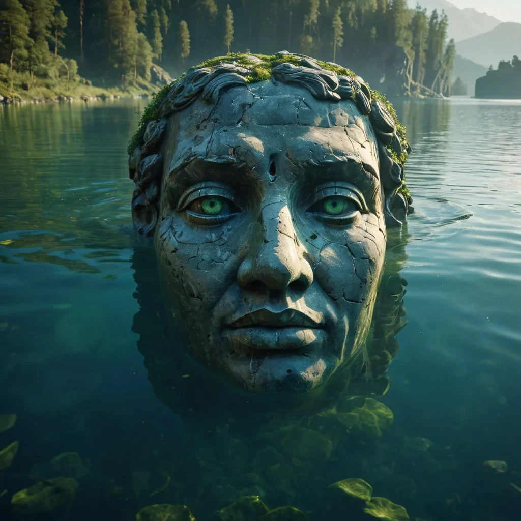 A colossal, ancient stone head lies halfsubmerged in a vast, tranquil lake, its eyes glowing with an ethereal light, hyperrealistic, 4K, cinematic lighting, volumetric lighting, atmospheric effects, dynamic lighting, bokeh effect, soft focus, lens flare, deep blues, mysterious greens, and golden highlights, detailed textures.