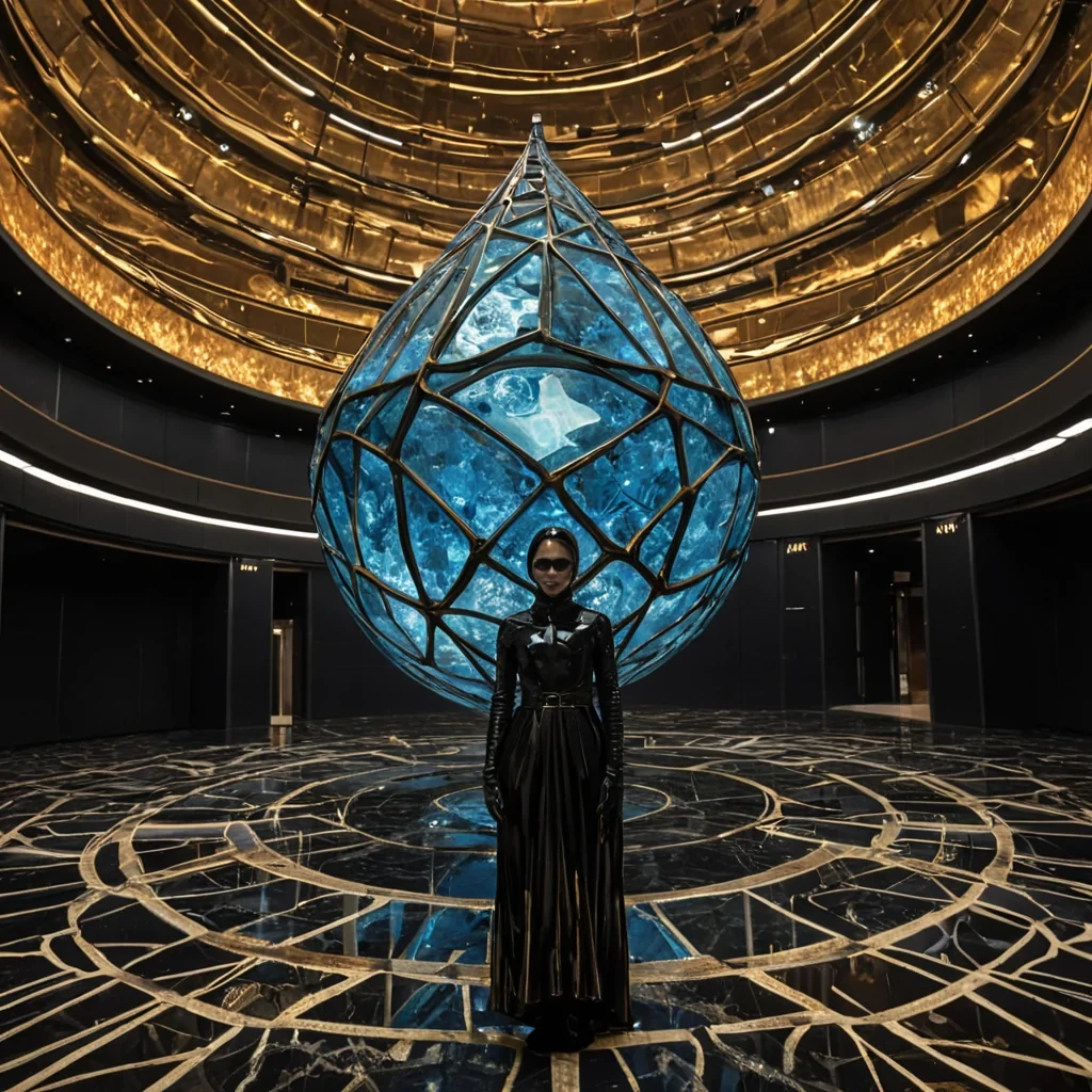 A horizontal, eyelevel wide shot of a vast, indoor atrium constructed from layered sheets of translucent, amberhued resin that encapsulate fossilized, geometric structures resembling ancient circuit boards. The floor is a highly reflective surface of polished, dark obsidian that mirrors the towering, curved walls. Suspended from the ceiling are hundreds of elongated, teardropshaped vessels made of frosted glass, each containing a swirling mixture of liquid gold and suspended, glowing blue crystals that rotate slowly. In the center foreground, a figure wearing a structured, asymmetrical outfit made of stiff, matteblack leather with intricate silver stitching stands holding a large, circular lens frame made of brushed brass. The figure is looking through the frame at a single, floating,