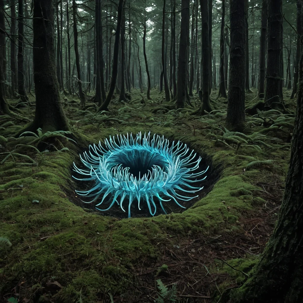 A single, selfilluminating spore of solidified curiosity, shaped like a fractalized, iridescent helix of reversed epistemological hunger, drifts through the center of a vast, inverted bioluminescent forest grown from the compressed, unasked questions of a civilization that communicated through the duration of synchronized, silent wondering about the shape of silence. The spore does not glowit unqueries, each rotation dissolving a layer of inquiry that never coalesced into a shared hypothesis, reforming into ephemeral, topazveined afterimages shaped like the negative space between two minds that never imagined the same unanswerable question in the same moment of mutual awe. The forest is not botanicalit