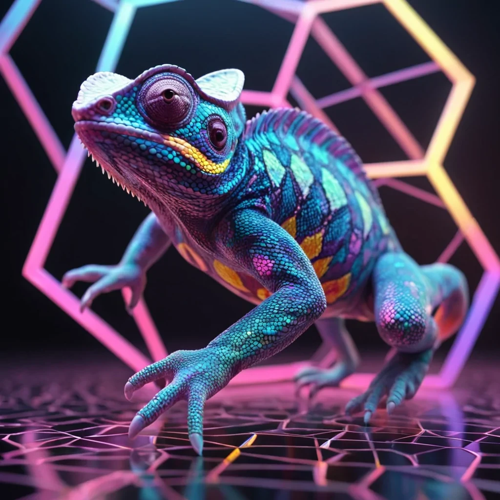 Hyperrealistic neon chameleon with iridescent scales, gracefully leaping through a floating, geometric lattice of reflective, swirling pastel pentagons, dynamic lighting with volumetric beams, soft focus on its delicate, luminescent body, vibrant colors, 4K resolution, lens flare dancing around its ethereal form in a surreal, futuristic urban sanctuary.