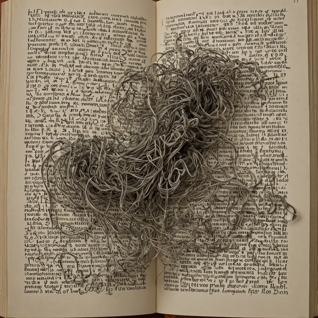 A single, selfrewriting thread of reversed language, shaped like a 13,709dimensional tangle of unformed syntax and inverted meaning, drifts through a vast, inverted dictionary of solidified silence  each page forged from the exact moment between a word forming on the tongue and its refusal to be spoken, a sentence assembling in thought and dissolving into nonsemantic void, a name written in ink and collapsing into pure, unmeasured nonidentity. The thread does not convey meaning  it unconveys it, each unraveling strand shedding a layer of linguistic potential that never coalesced into shared understanding, reforming into ephemeral, cobaltveined smoke that settles like forgotten names on the cold