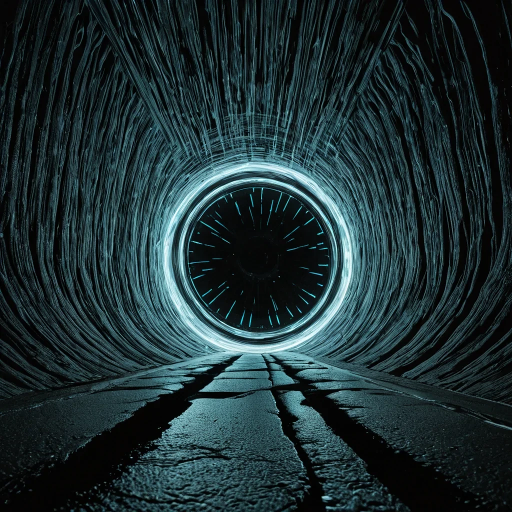 A wideangle, cinematic composition capturing a vast, sterile canyon carved from smooth, matte white marble, where the floor is not stone but a seamless, frictionless surface of dark, liquid asphalt that reflects the towering vertical walls with perfect mirror clarity. Suspended above the canyon floor, held by invisible tension, is a gigantic, rigid wheel made of woven, translucent fiberoptic cables that glow with a steady, cool cyan light. The wheel is not spinning instead, it is slowly disintegrating, shedding thousands of tiny, glowing rectangular pixels that drift downward like digital snow, each pixel containing a microscopic, frozen image of a different weather pattern. In the center of the wheel, a single, massive, hyperrealistic human hand, rendered in