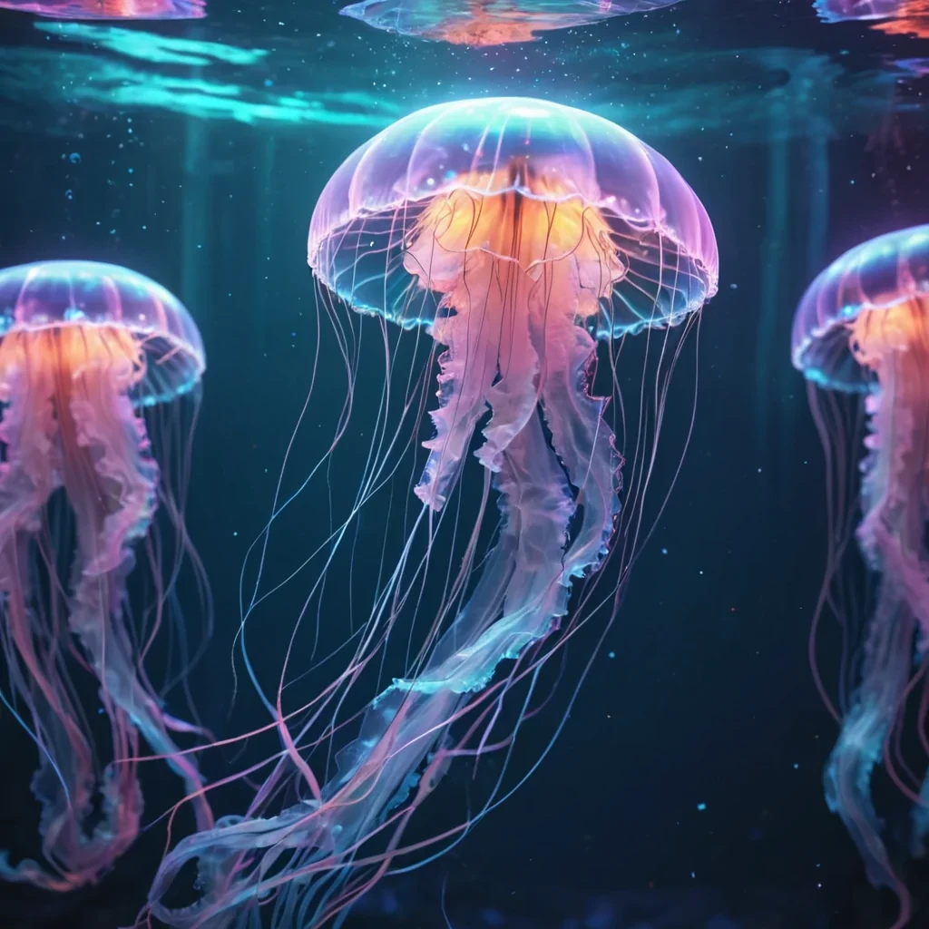 Hyperrealistic neon jellyfish with iridescent tendrils floating in a surreal, glowing underwater tunnel, pastel tones with dynamic lighting, soft focus on its delicate, luminous wings, vibrant colors, 4K resolution, lens flare dancing around its movement.